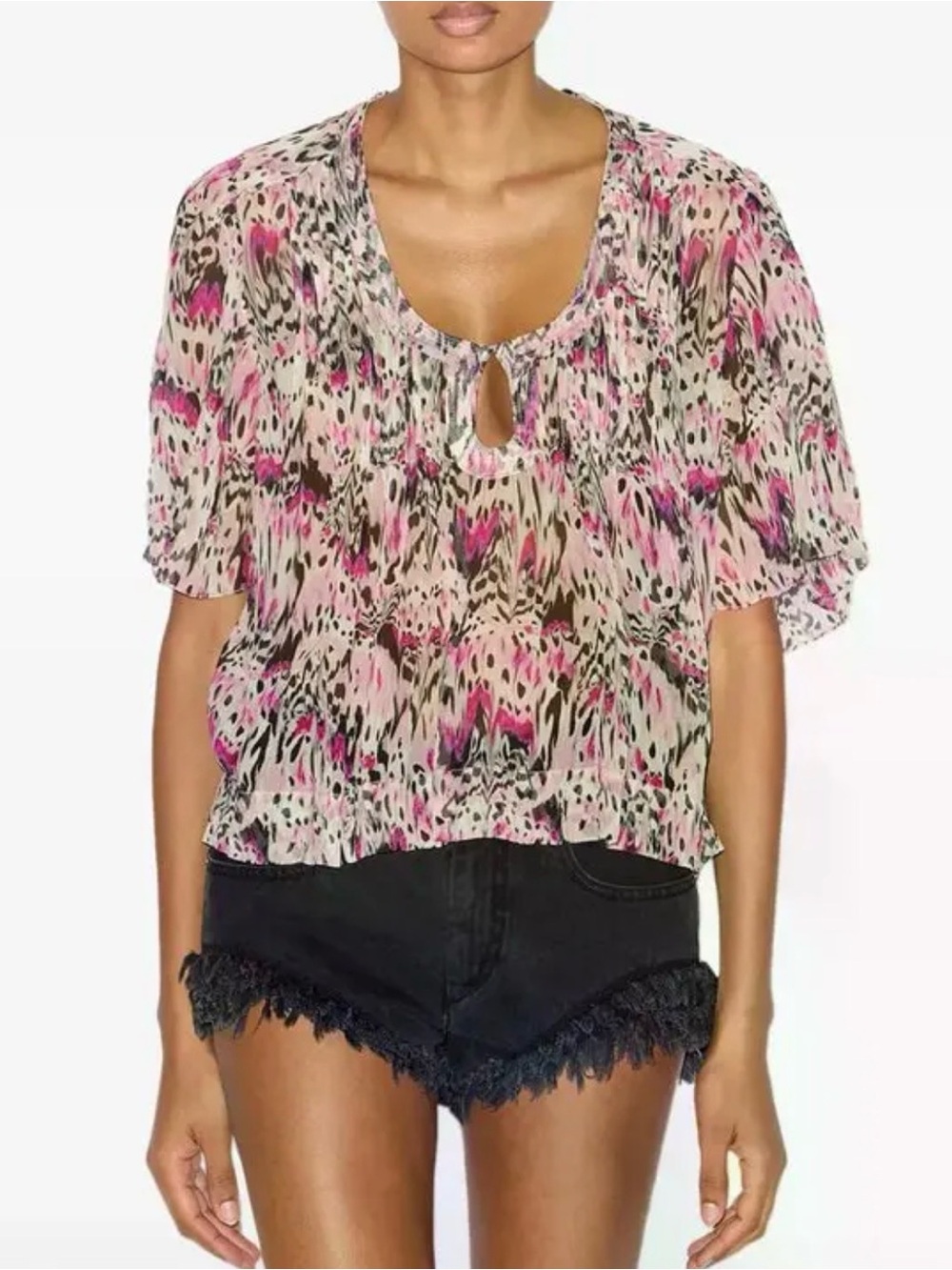 Isabel Marant RUTA Pink and Cream Animal-Print Keyhole BLOUSE 44 (US12)